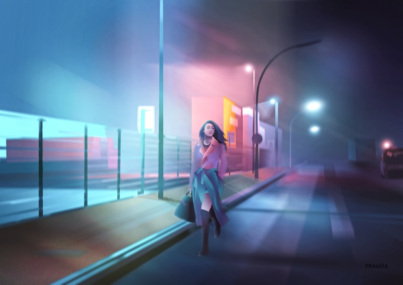 alone, digital art, cyberpunk, girl, city, illustration, dawn of darkness, purple colors, street background, painting, 4K, backgroud, neon colors