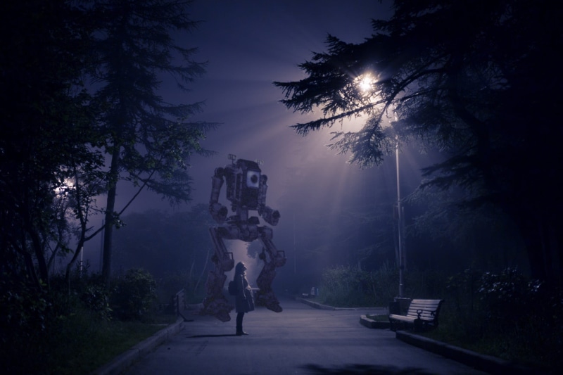 mode of transportation, plant, land vehicle, road, two people, sci-fi, people, light, outdoors, rickshaw, motor vehicle, sky, panoramic, fog, tree, land