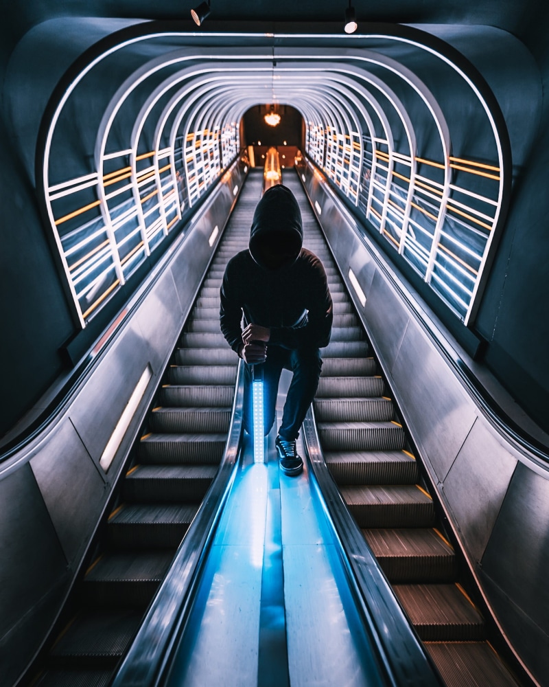 sword, modern, motion, nightscape, people Traveling, station, futuristic, urban Scene, speed, cyberpunk, passenger, architecture, escalator, people, indoors