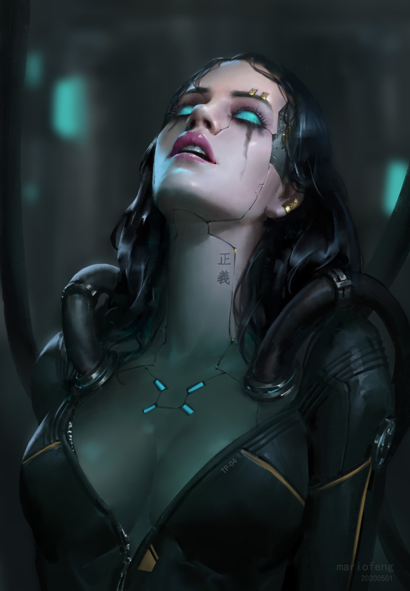 Mario Feng, open mouth, video game art, cyberpunk, blue eyes, cleavage, dark hair, cyborg, digital art, digital painting, ArtStation, women, 2K, portrait display