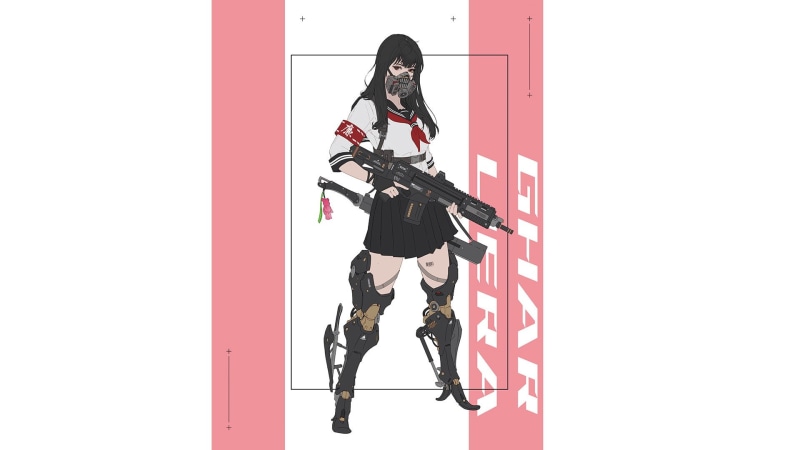 simple background, cyberpunk, mask, dark hair, anime, anime girls, weapon, 1080P, machine gun