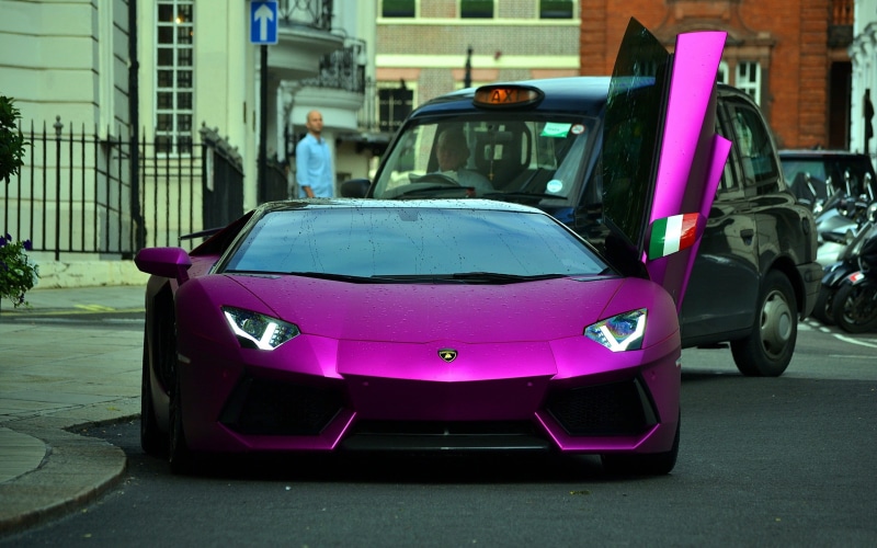supercars, door, stationary, 2K, purple, no people, parking, land vehicle, day, building exterior, opened, Lamborghini, city, built structure, outdoors