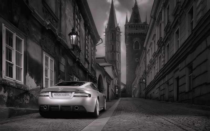 Aston Martin DB5, travel, no people, Aston Martin, stationary, 1080P, travel destinations, land vehicle, monochrome, motor vehicle, built structure, Aston Martin DBS