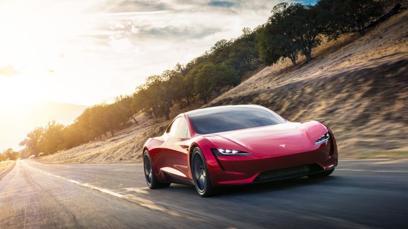 daytime, 4k, roadway, electric car, model, red, Tesla Roadster, 4K, tesla