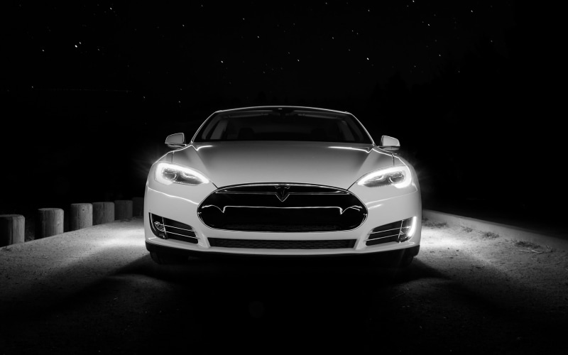racecar, front view, 2K, mode of transportation, shiny, illuminated, sports car, city, car, night, land vehicle, white, Tesla Motors, model, transportation