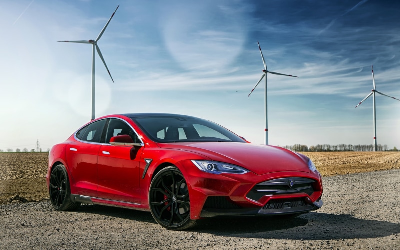 Tesla S, land vehicle, environment, no people, day, electric car, nature, sports car, fuel and power generation, motor vehicle, red, 2K, Tesla Motors
