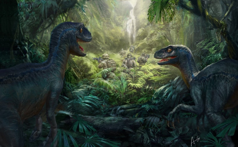 animals, dinosaurs, jungle, 1080P, velociraptors, soldier, ArtStation, artwork
