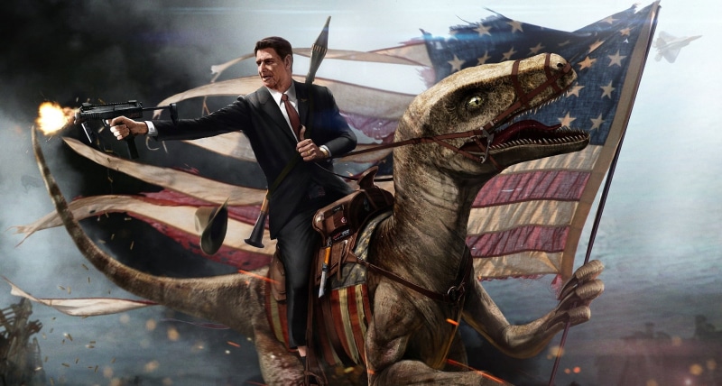 young men, riding, VELOCIRAPTOR, MACHINE, DINOSAUR, suit, 1080P, vertebrate, mid adult, people, black, RONALD REAGAN, mammal, livestock, adult