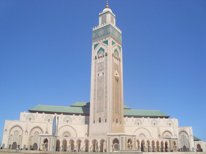 built structure, place of worship, blue, copy space, clock, africa, low angle view, hassan ii, 2K, architecture, tower, no people, casablanca, mosque