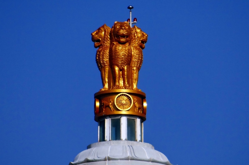 no people, artwork, nature, metallic, blue, construction, Lion Capital, national, india, metal, art and craft, National Emblem, low angle view, creativity