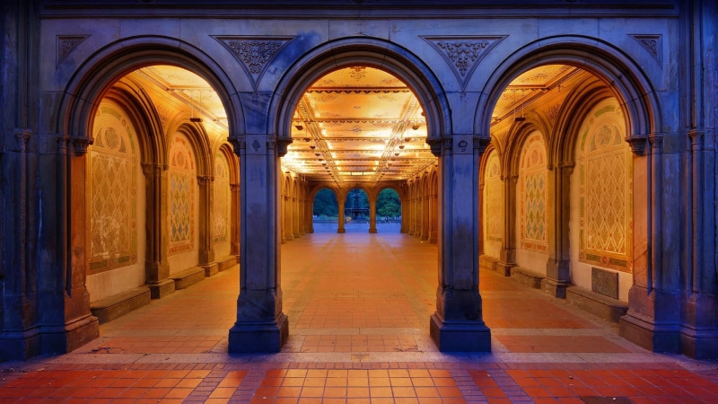 building, fountain, water, 1080P, passage, Central Park, tiles, symmetry, pillar, architecture, trees, arch, painting, New York City, USA, lights
