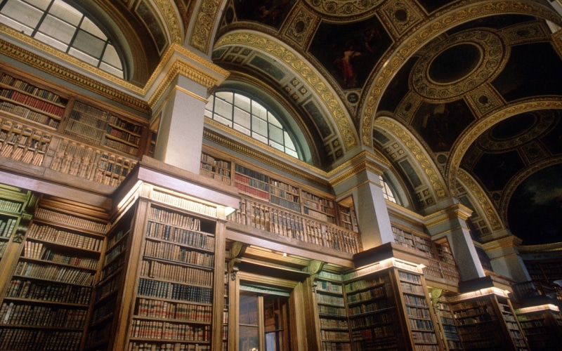 interior, France, shelves, library, books, vintage, pillar, Paris, old, 1080P, arch