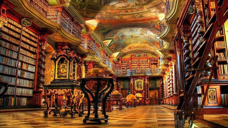 Czech Republic, library, 720P, gold, Prague, shelf, photography, ornamented, globe, stairs, National Library, historic, artwork, books, painting