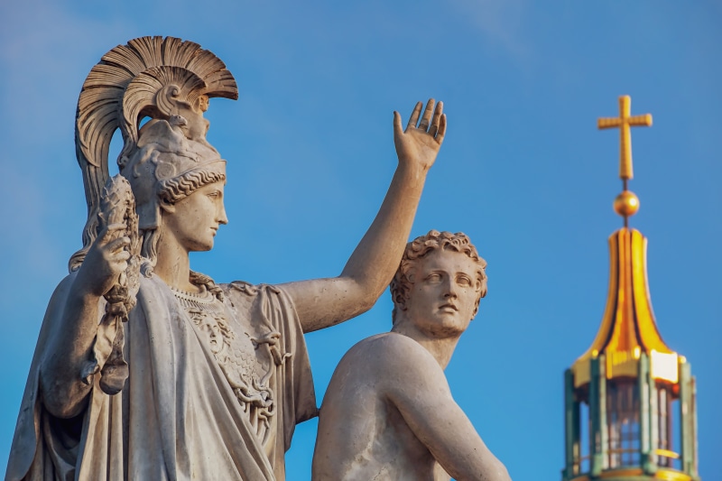 youth, built structure, art and craft, outdoors, no people, artwork, greek gods figures, history, sky, near, religion, human representation, female likeness