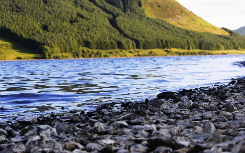 no people, non-urban scene, stones, pebble, land, surface level, beauty in nature, water, day, plant, outdoors, rock, Scotland, landscape, tree, mountains