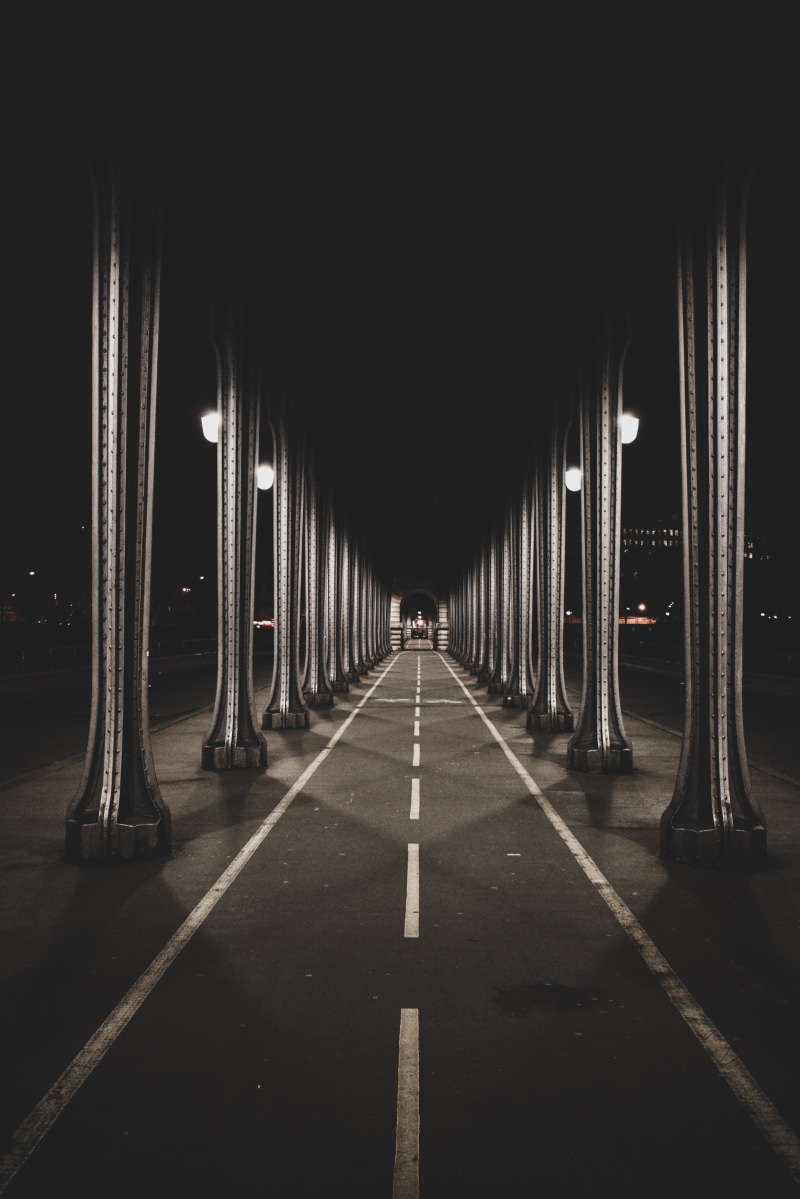 empty, urban Scene, 5K, bridge, transportation, concrete, vanishing Point, road, no People, black, columns, parking garage, built structure, pillars, indoors