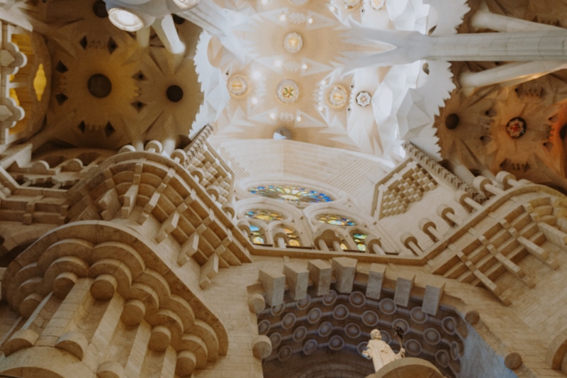 catholic, church, city, familia, pattern, spanish, catalonia, Gaudi, low angle view, building, built structure, design, travel destinations, directly below