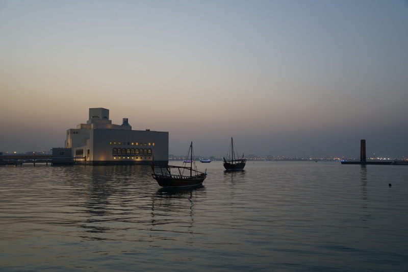 waterfront, sunset, no people, built structure, museum, water, building, city, scenics - nature, islamic, mode of transportation, passenger craft, dusk