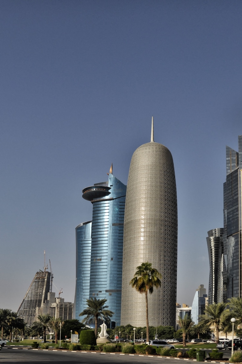 office building exterior, 4K, tower, spire, cityscape, day, no people, sky, travel, tall - high, doha, water, financial district, gulf, nature, skyscraper
