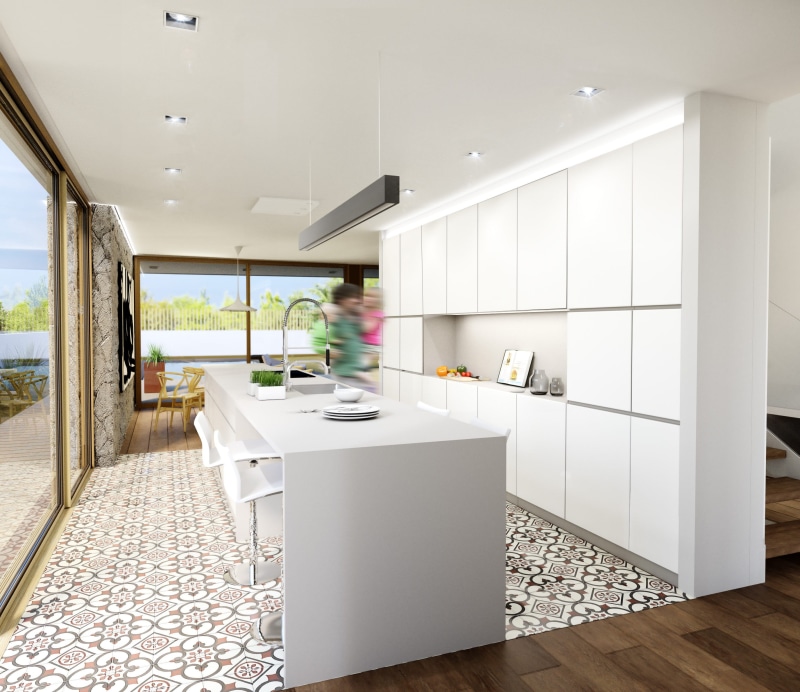 white, domestic Kitchen, 2K, sink, tiled floor, apartment, furniture, domestic Life, domestic Room, kitchen Island, window, no People, architecture, flooring