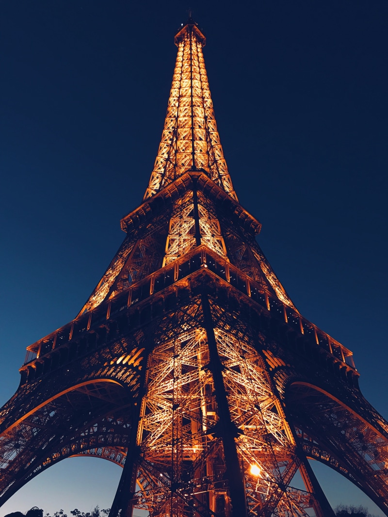 blue, low angle photography, metal, steel, travel destinations, illuminated, architecture, sky, eiffel tower, lights, art, building exterior, europe, tall - high