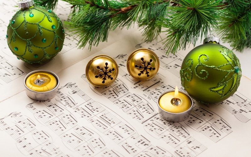 bells, no people, 2K, Christmas, New Year, leaves, yellow, tealights, sphere, gold, holiday - event, tree, christmas ornament, decoration, holiday, celebration