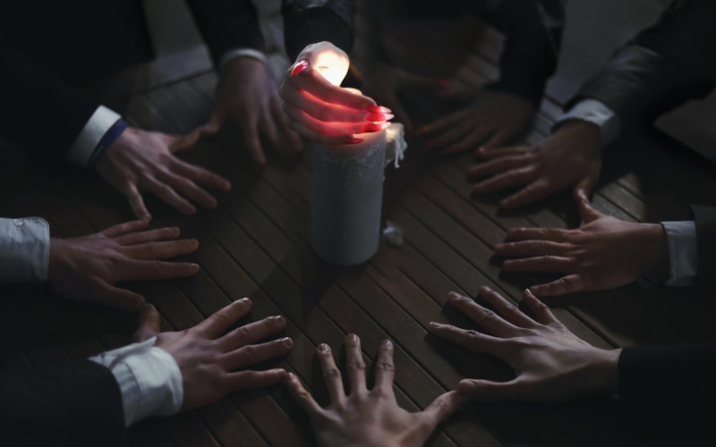 candles, men, group of people, human limb, human hand, candle, seances, 1080P, adult, people, high angle view, medium group of people, women, human body part