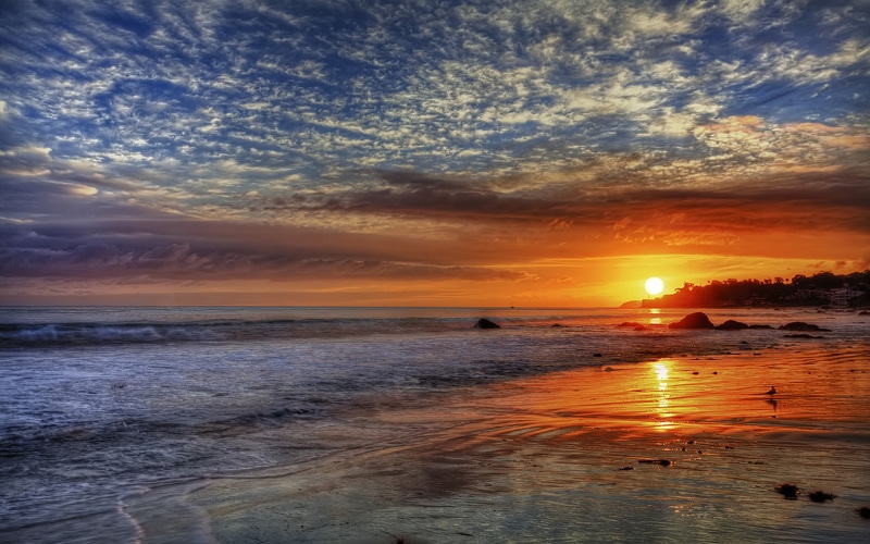 sandy, sunset, desktop, hd, states, red, clouds, 1080P, malibu, united, sky, beach, california, waves, sea