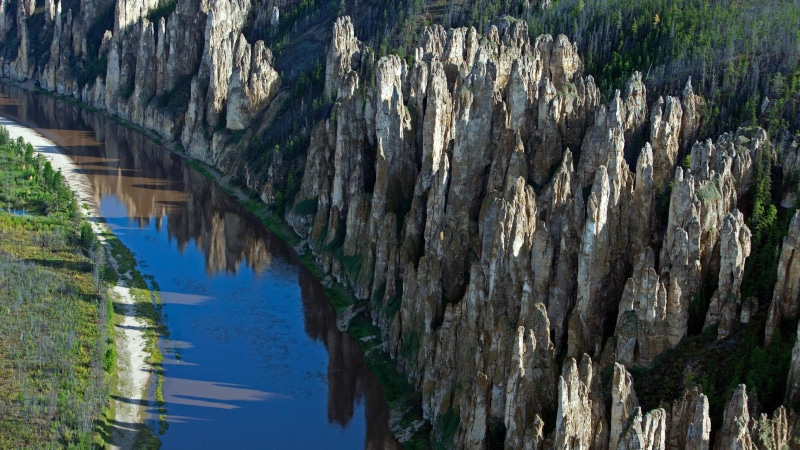 nature park, yakutia, reflection, lenskiye stolby, russia, rock, 4K, tourist attraction, lena river, geology, lena pillars, lena pillars nature park, tree