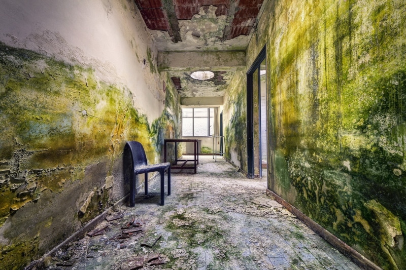 table, ruined, 1080P, damaged, abandoned, ceiling, old, built structure, wooden, messy, decline, direction, bad condition, obsolete, deterioration, day
