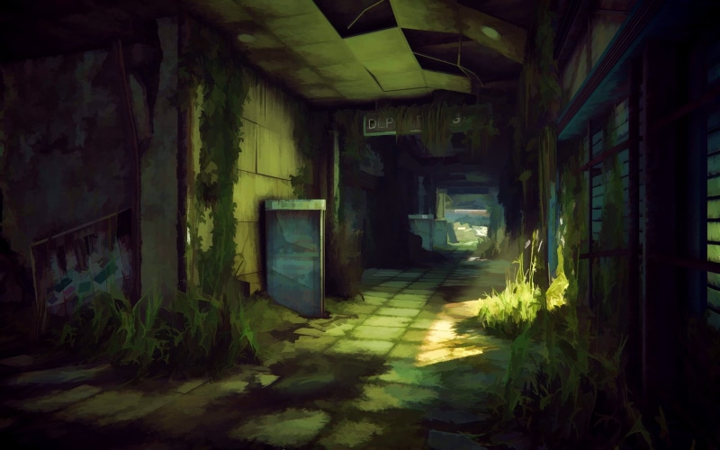 ruin, dirty, built structure, 1080P, indoors, the way forward, building, ceiling, run-down, old, arcade, empty, architecture, illustration, no people