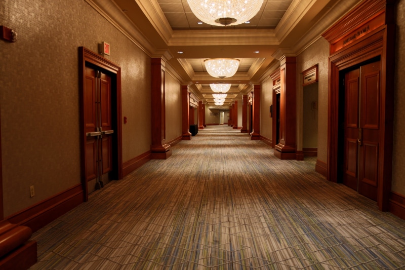 entrance hall, absence, entrance, empty, doors, hotel, tile, corridor, diminishing perspective, arcade, wooden, the way forward, 5K, lighting equipment