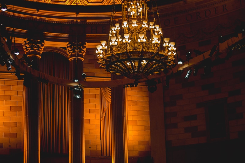 pillars, lighted, NYC, ceiling, luxury, tones, built structure, illuminated, place of worship, travel destinations, chandelier, night, no people, low angle view