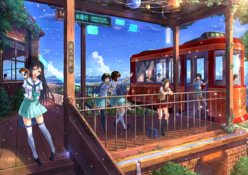 medium group of people, 720P, illuminated, building exterior, built structure, women, group of people, adult, anime girls, architecture, original characters