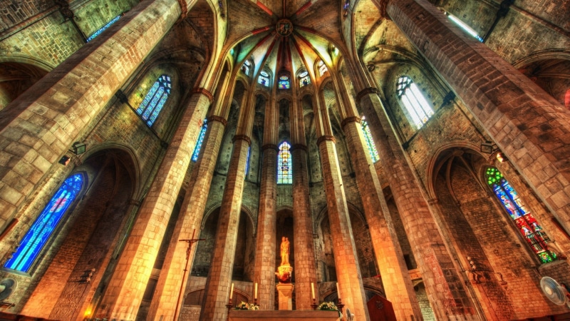 building, stained glass, architectural column, ceiling, 1080P, travel destinations, built structure, building exterior, concrete, belief, architecture