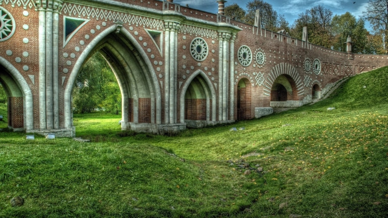 architecture, day, brown, plant, history, 1080P, religion, built structure, bridge, the past, green color, photo, courtyard, grass, HDR, tree, building exterior