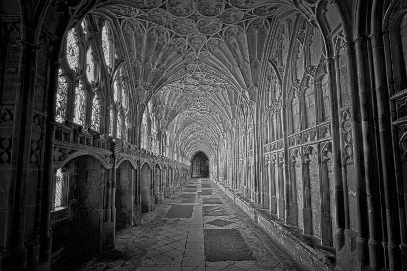architecture, photography, built structure, direction, aisle, gothic, building, united kingdom, hallway, religion, black and white, gloucester cathedral