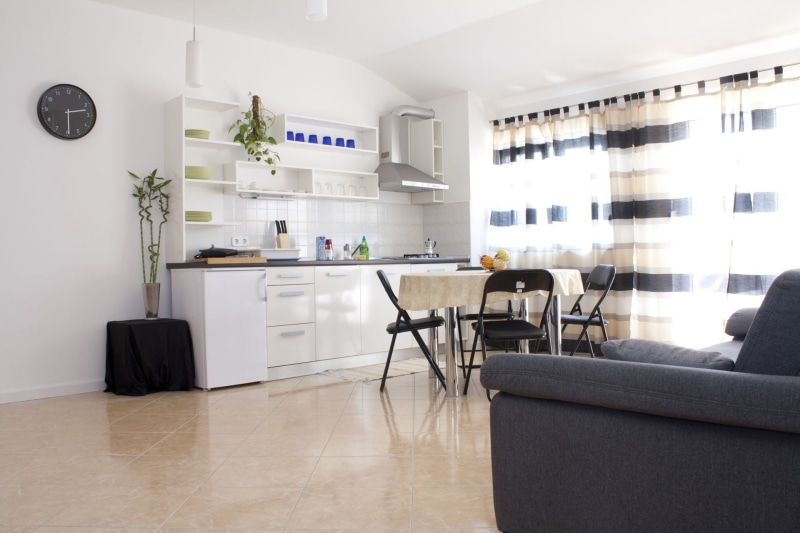 white color, domestic kitchen, indoors, modern, kitchen, tiled floor, white, cupboard, home showcase interior, interior design, domestic room, home, empty