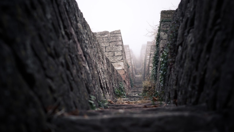 selective focus, ladders, architecture, nature, hallway, surface level, clear sky, ancient, plant, land, 1080P, tranquility, solid, no people, direction