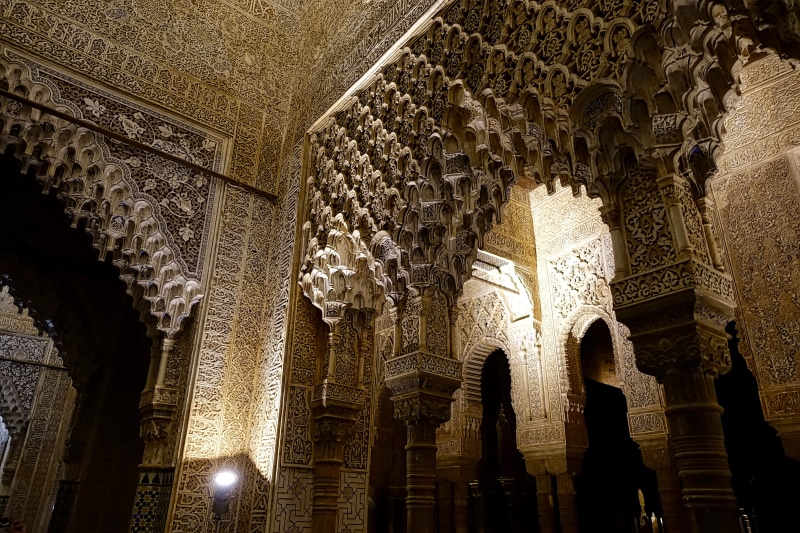 architecture and art, travel destinations, spirituality, place of worship, arch, Alhambra, tourism, architectural column, Palace, low angle view, no people