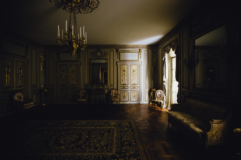 architecture, chandelier, old, water, 5K, lamp, ornate, area, rug, the past, built structure, pattern, architectural column, spooky, brown, interior, design