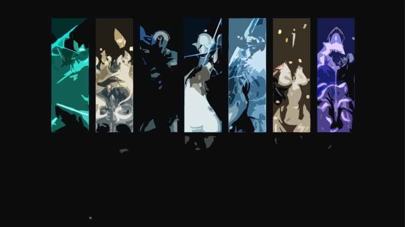 indoors, technology, multi colored, Warframe, black background, Nyx (Warframe), male likeness, variation, representation, movie, Rhino (Warframe)