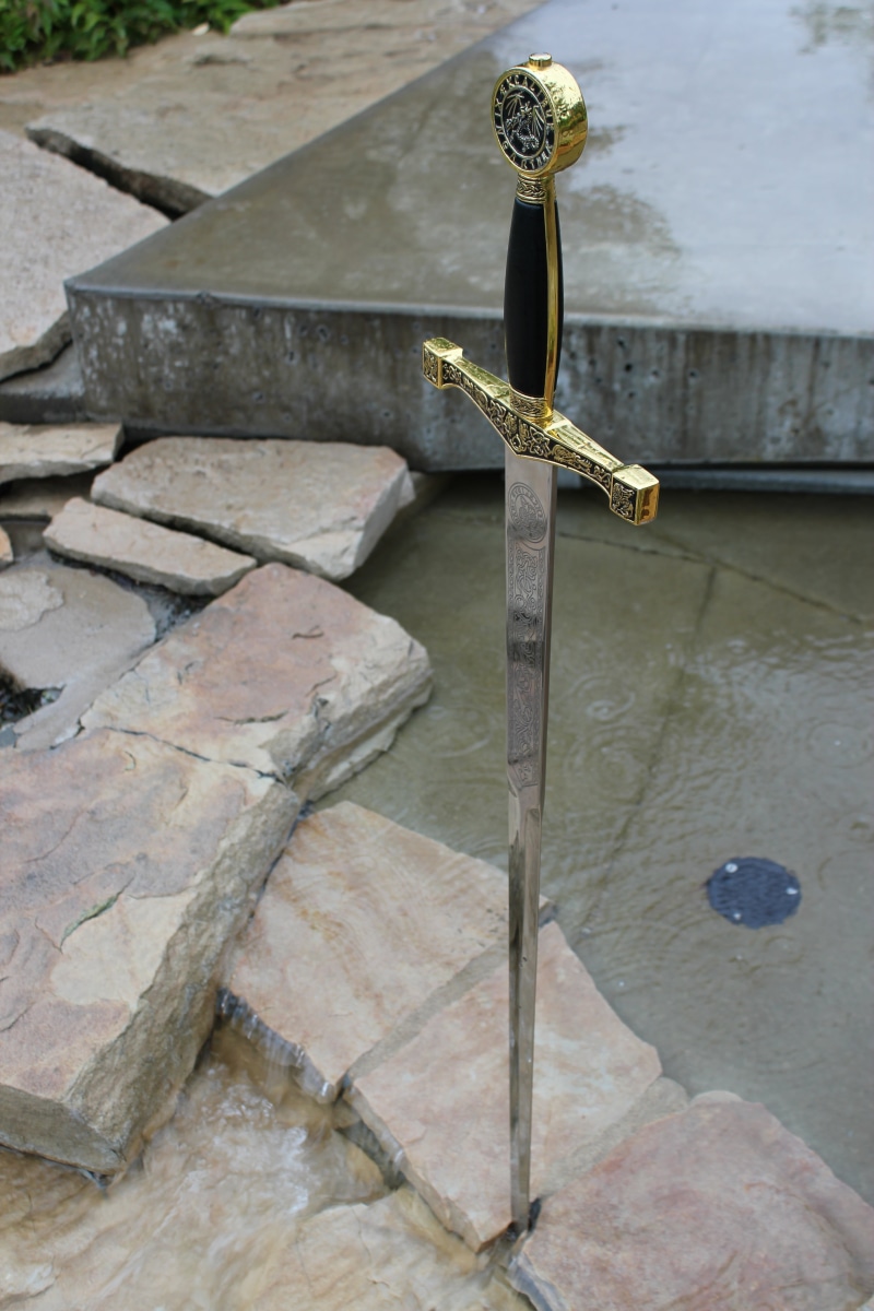 ancient, excalibur, stone, belief, edge, handle, no people, fountain, hilt, wood - material, stainless, sharp, steel, nature, royal, gray, water, myth