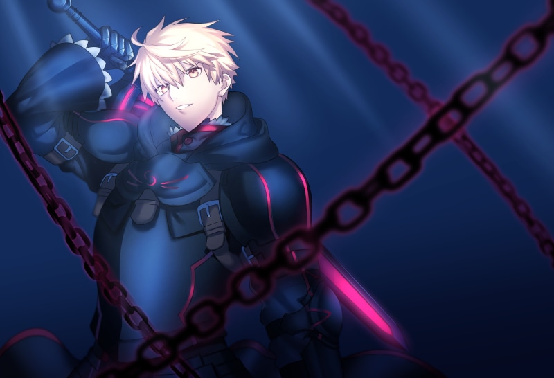emotion, fate prototype, focus on foreground, light - natural phenomenon, human representation, dark excalibur, armor, hairstyle, glowing, illuminated