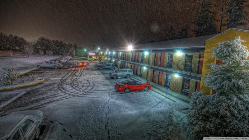 hdr, cars, falling, motel, nature and landscapes, snow, 1080P, parking, night