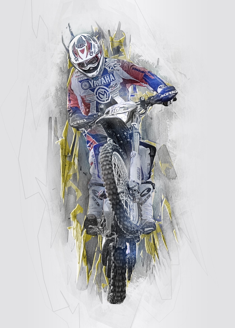 human representation, fast, rider, male, high angle view, man, dirt bike, machinery, offroad, white background, paint, riding, motorbike, power, active