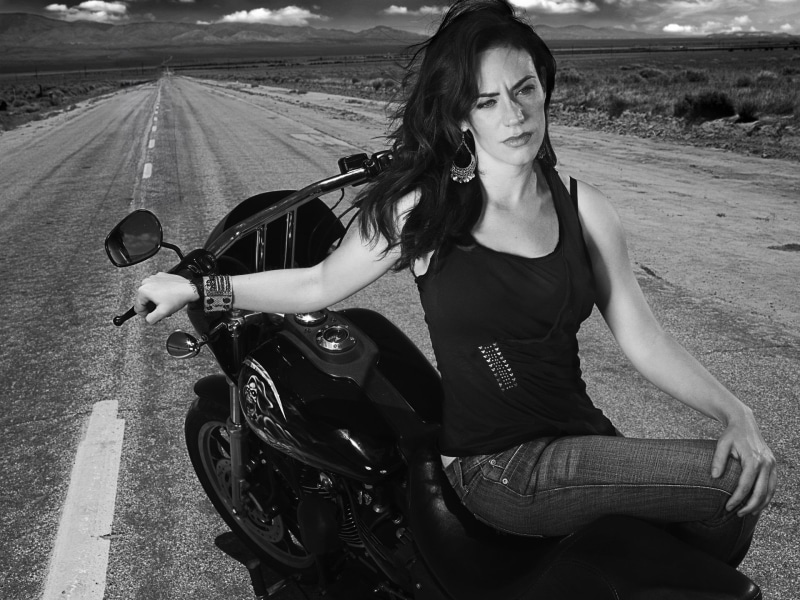 casual clothing, young women, black, road, beautiful woman, portrait, hairstyle, mode of transportation, top, sitting, TV Show, outdoors, three quarter length