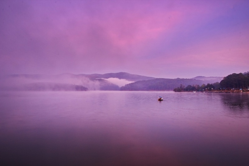tranquil scene, tranquility, environment, purple, nice, mountain, fog, seductive, travel, lake, beautiful, sky, immense, beauty in nature, dalat, girl