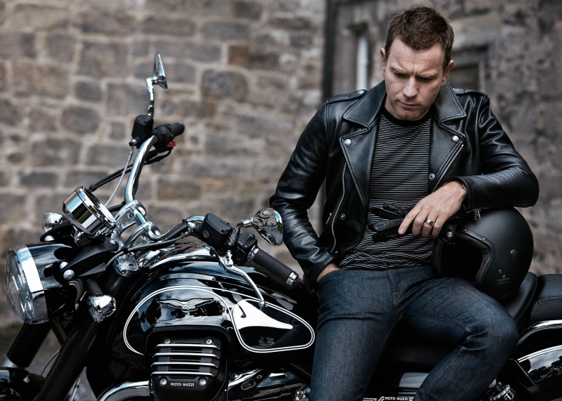 jeans, biker, helmet, riding, ride, adult, black, clothing, city, fashion, lifestyles, young adult, motorcycle, leather jacket, Ewan McGregor, sitting