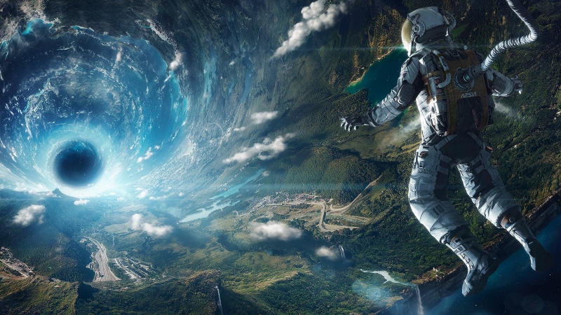 motion, tunnel, warning sign, fantasy Art, flying, sign, outdoors, nature, water, digital art, adult, astronaut, 2K, space, Wormholes, lake, planet earth